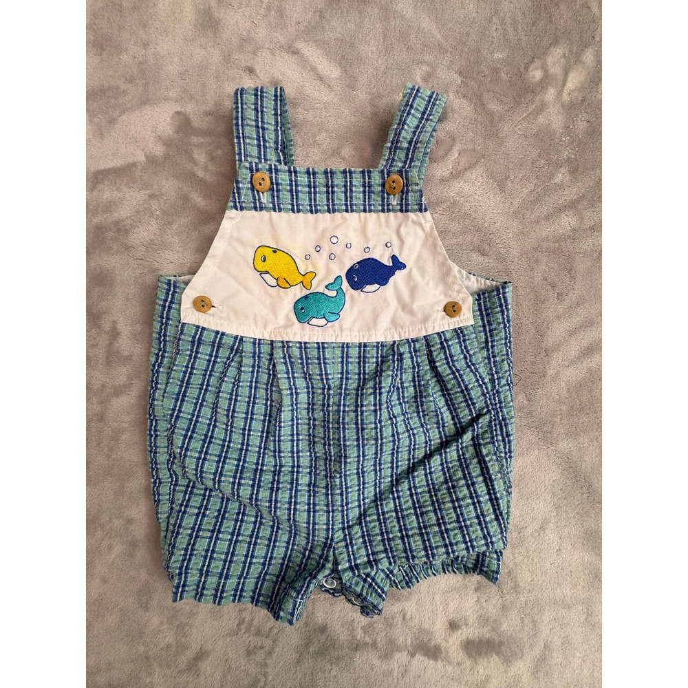 BT Kids Baby Boy Blue Green Plaid Whale Embroidered‎ Romper Outfit 6-9 Months